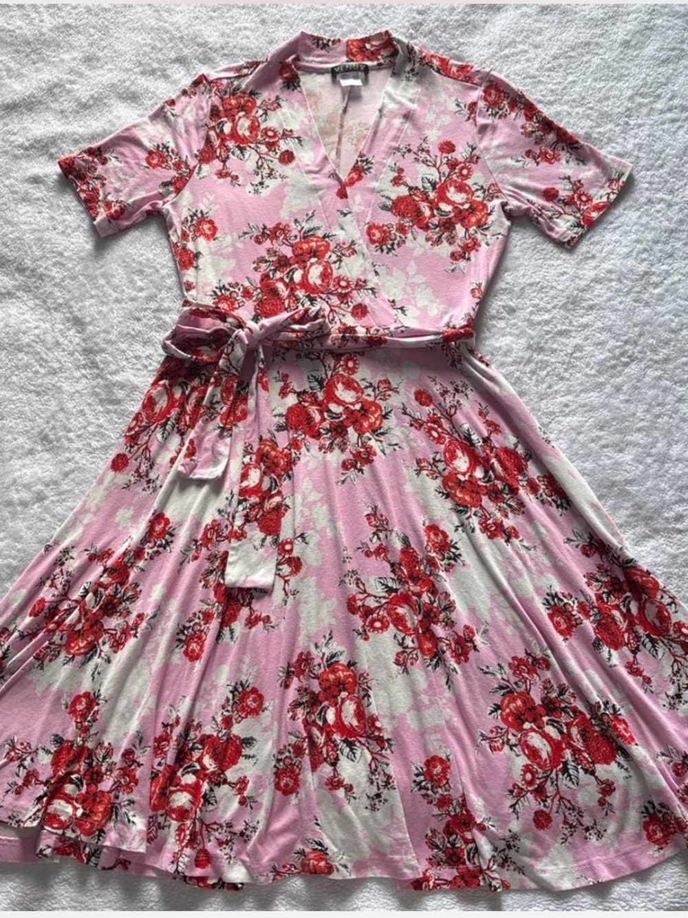 VENUS Pink Floral Wrap Dress with Red Rose Print